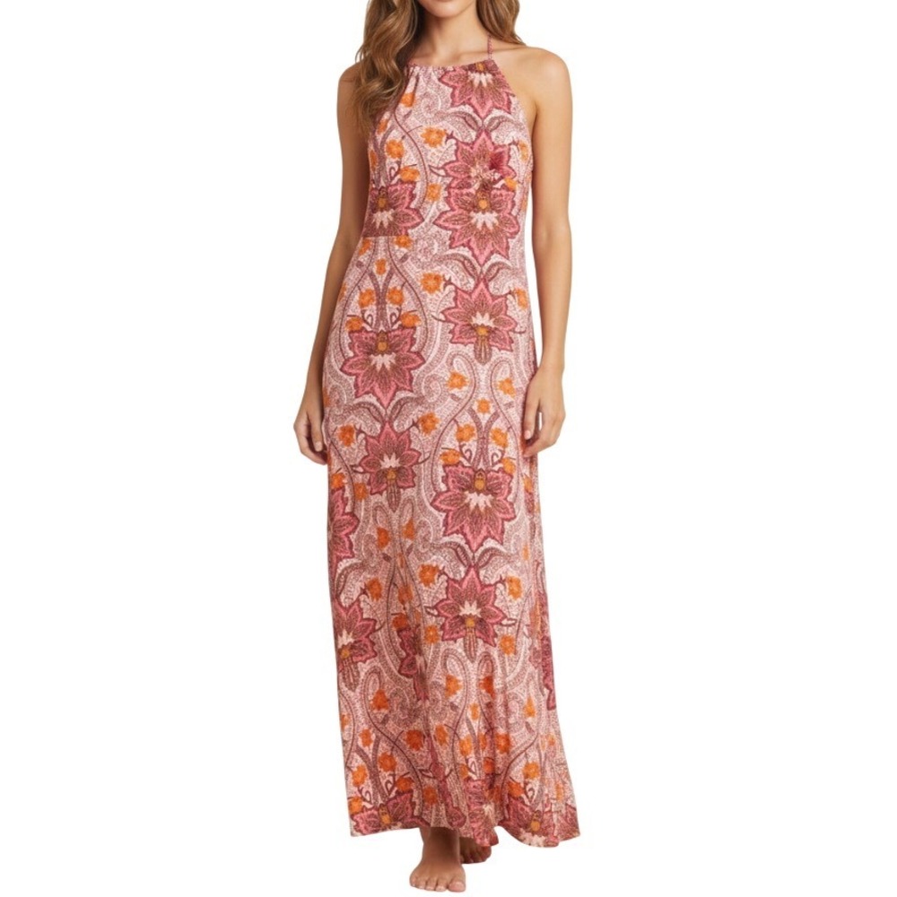 GB GIANNI BINI Pink/Orange BOHO FLORAL Lined Crepe MAXI STRAPPY DRESS Sundress M